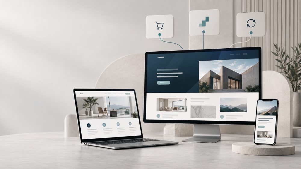 A responsive business website shown across desktop, laptop and mobile